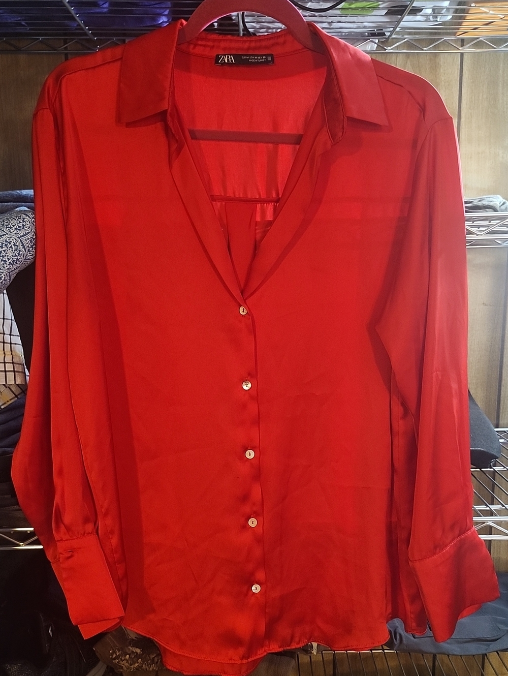 ZARA Red Satin Button-Down Blouse